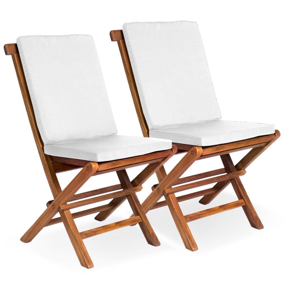 Teak Folding Chair Set with Ivory Cushions, 23"
