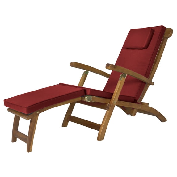 All Things Cedar TF53-R Teak Steamer Chair | Foldable Outdoor Chaise Lounge Chair | Red Cushions - 24L x 70W x 37H