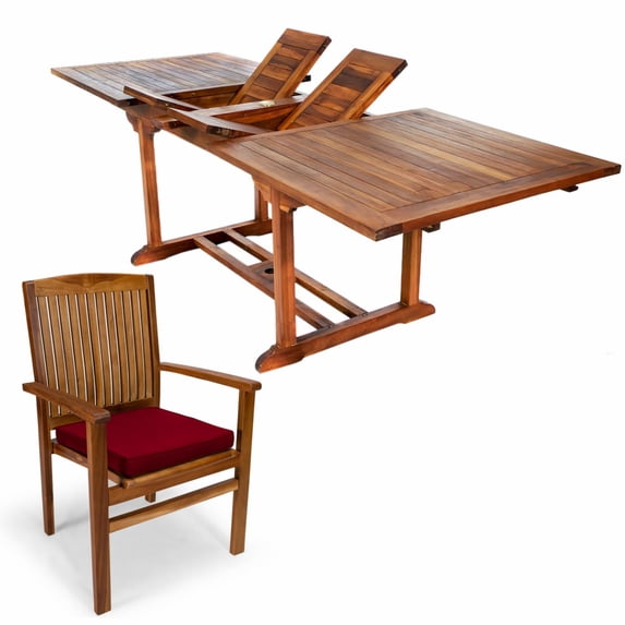 All Things Cedar TE90-24-R 7-Piece Teak Extension Patio Table Stacking Arm Chair Set | Red Cushions - 72L x 36W x 30H