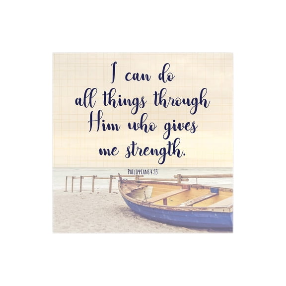 All Things Through Him Sand Beach Boat 12 x 12 Wood Wall Sign Plaque