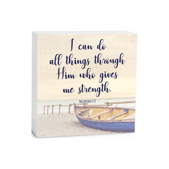 All Things Through Him Sand Beach Boat 5 x 5 Wood Tabletop Sign Plaque