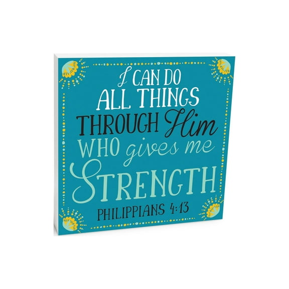 All Things Through Him Soft Teal 10 x 10 Wood Tabletop Sign Plaque