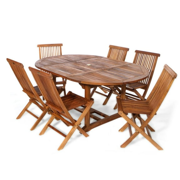All Things cedar 7-Piece Teak Oval Extension Patio Table Folding chair Set