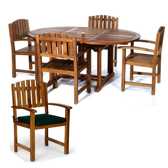 All Things cedar TE70-20-g Teak Oval Extension Patio Table & Dining chair Set with cushions green