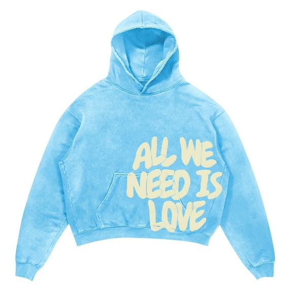 All WE NEED IS LOVE Men's Oversize Cropped Hoodie Casual Baggy Hop Gothic Pullover Long Sleeve Hoodie Colorful Sweatshirt With Pockets (Light Blue,S)