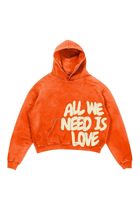 All WE NEED IS LOVE Men's Oversize Cropped Hoodie Casual Baggy Hop Gothic Pullover Long Sleeve Hoodie Colorful Sweatshirt With Pockets (Orange,L)
