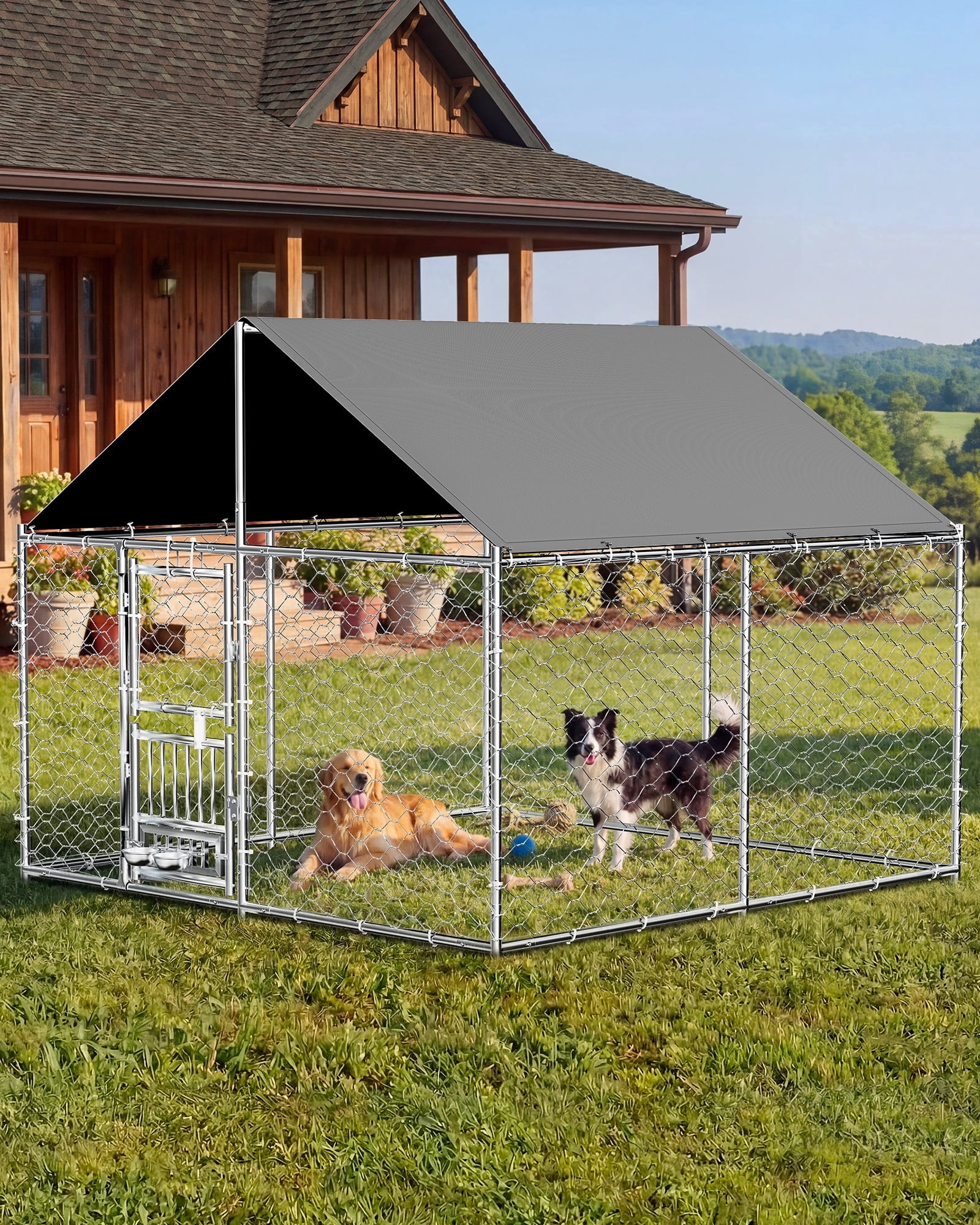 All-Weather 7.5'x7.5' Outdoor Dog Kennel, Heavy Duty Anti-Rust Metal Frame with Waterproof UV Cover, Secure Lock & Rotating Feeder, Durable Outside Dog Cage for Backyard Farm