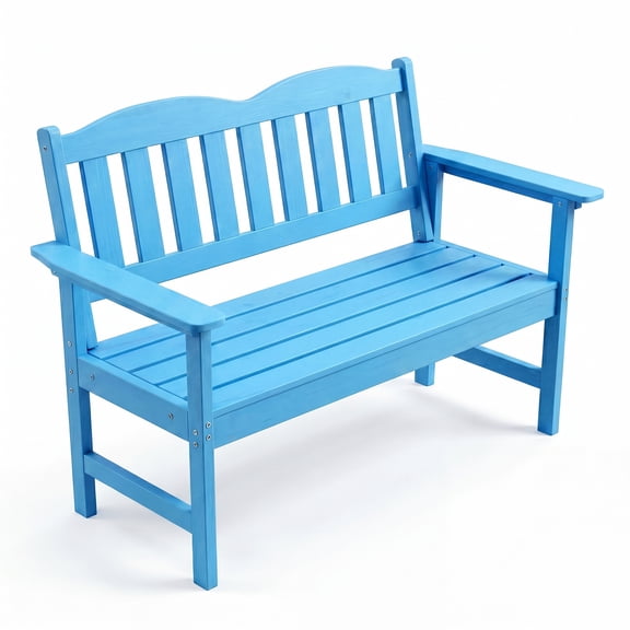 All-Weather 2-Person Outdoor Bench, 47 in Slatted Poly Lumber Patio Porch Bench w/ Curved Backrest, Wide Armrests, Stainless Hardware & 800 lb Capacity for Yard, Deck