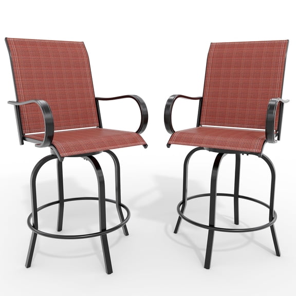 All-Weather 360° Swivel Patio Bar Stools Set of 2 – High Back & Armrests – Bar Height Outdoor Chairs for Garden, Deck, Backyard – Durable Textilene – Red