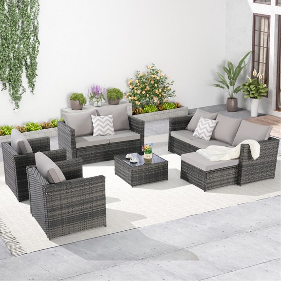 All Weather 6 Patio Furniture - Conversation With Cushions, Pillows & Glass Table For Lawn, Bistro - Fabric Garden Porch, Poolside Comfortable