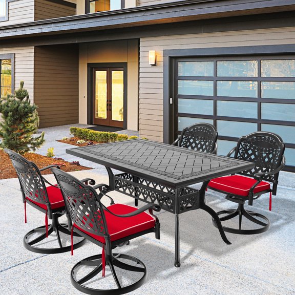 All-Weather Aluminum Table and Swivel Chair Set | Perfect for Outdoor Dining and Chatting | Traditional Cast Aluminum with Fine Lines | Body-Friendly Design for Comfort