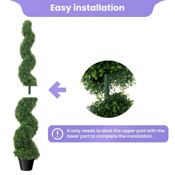 All-Weather Artificial Spiral Topiary Tree  Built with premium long-lasting evergreen material, waterproof and colorfast, great for patio, porch, yard, walkway, and front entryway display.