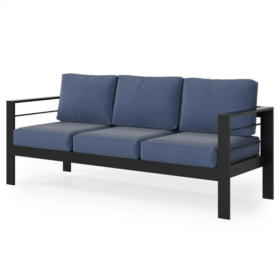 All-Weather Blue Aluminum Patio Sofa: 3-Seat Outdoor Couch with 5" Thick Olefin Cushions, Rust-Resistant Metal Frame, Perfect for Garden & Deck, 73"W