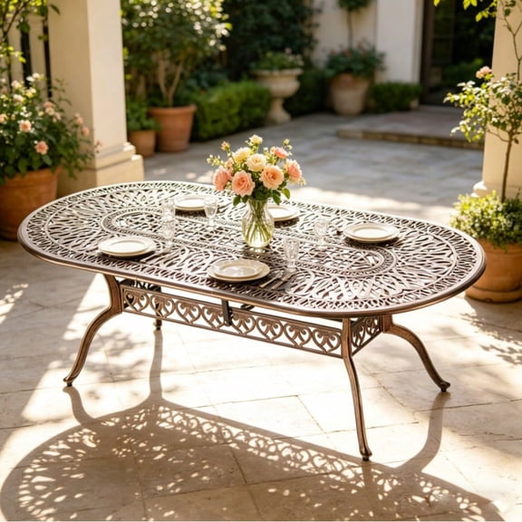 All-Weather Cast Aluminum Dining Table, E-Coating Rustproof Rust-Resistant , Elegant Exquisite Pattern Design, Heavy-Duty Stable Table With Adjustable Feet (Oval Grid Table)