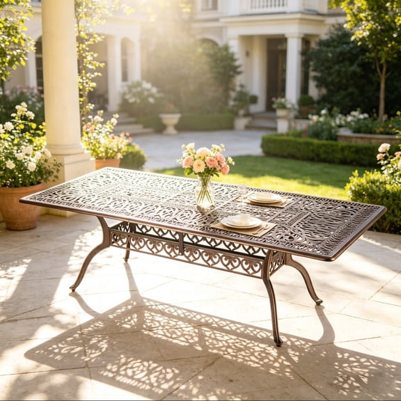 All-Weather Cast Aluminum Dining Table, E-Coating Rustproof Rust-Resistant , Elegant Exquisite Pattern Design, Heavy-Duty Stable Table With Adjustable Feet (Rectangular Patterned Table)