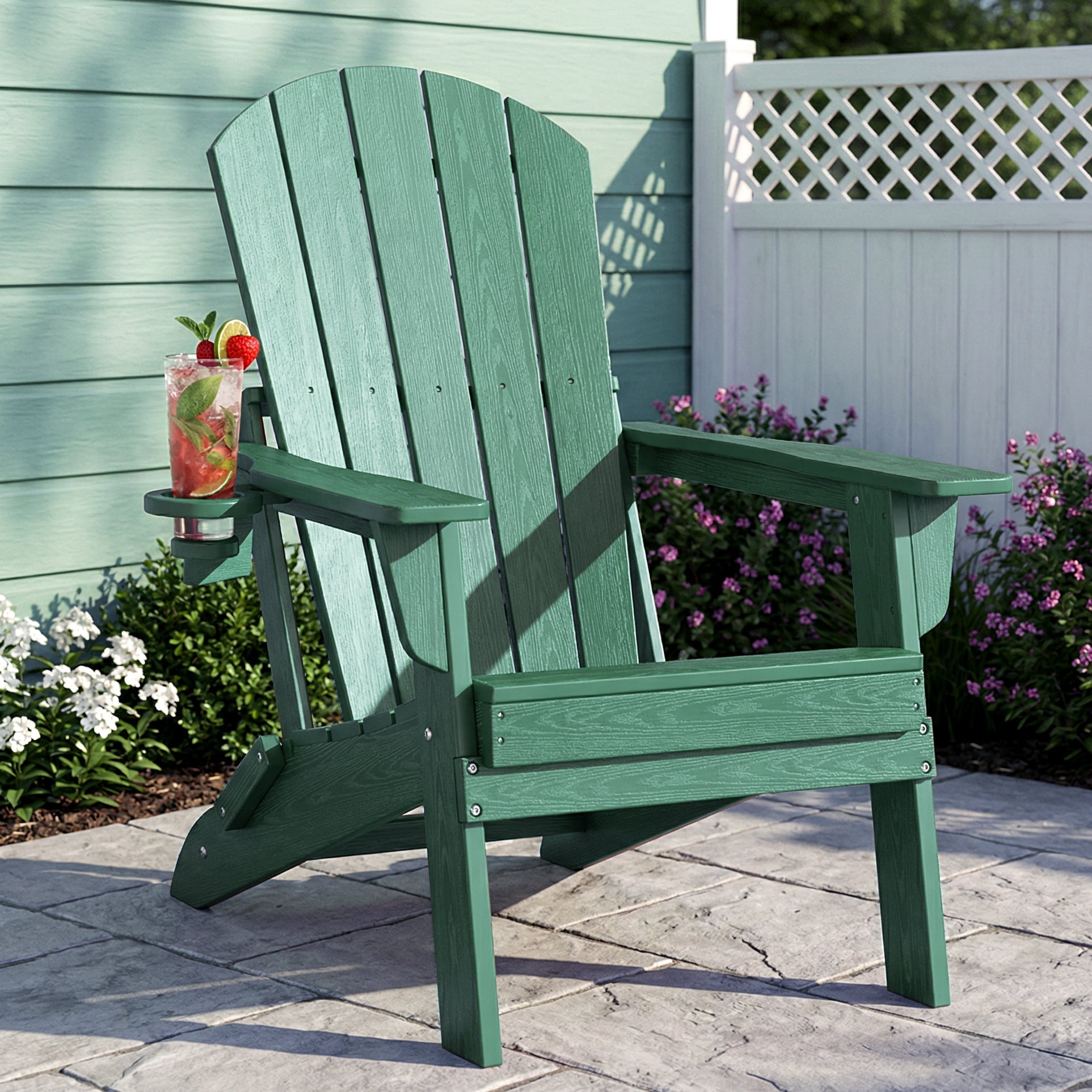 Cobiod Folding Adirondack Chair with Cup Holder, HDPE All-Weather Outdoor Patio Chair, Ergonomic Wood Grain Design for Backyard, Green