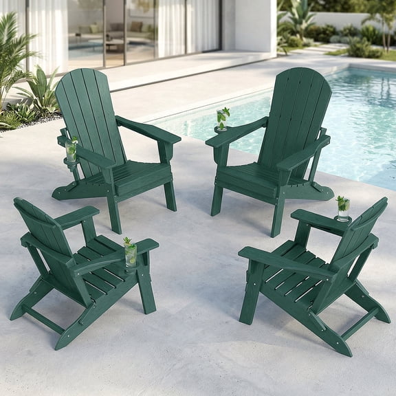 Cobiod All-Weather Folding Adirondack Chairs Set of 4 With Cup Holder, HDPE Outdoor Chairs with Ergonomic Wood Grain, Green