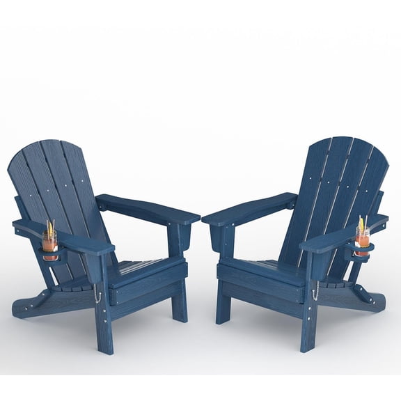 All-Weather HDPE Folding Adirondack Chairs Set of 2 – Cup Holders, Embossed Wood Grain Texture, Collapsible, Weather Resistant, Outdoor Patio Seating  – Embossed Wood Grain-Navy Blue 2-Pack