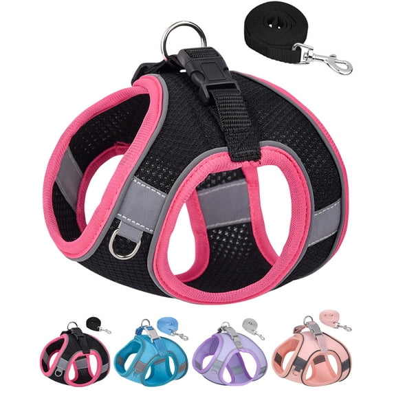 All Weather Mesh, Reflective, No Pull Harness for Small, Medium Dogs, Cats - Secure with Hook & Loop Fastener, Buckle - Black/Hot Pink Trim, L