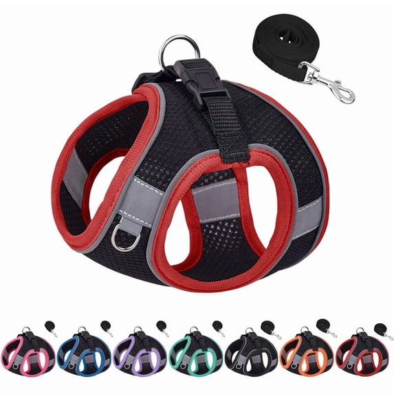 All Weather Mesh, Reflective, No Pull Harness for Small, Medium Dogs, Cats - Secure with Hook & Loop Fastener, Buckle - Black/Red Trim, XS