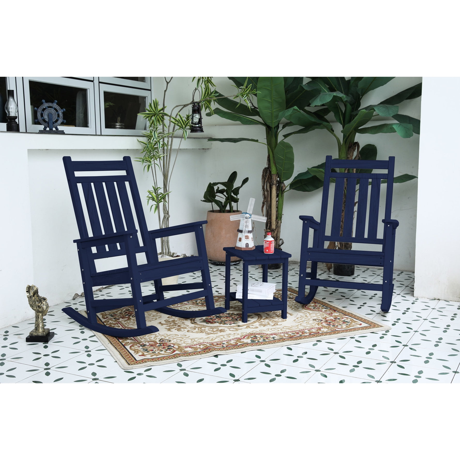 All Weather Navy Blue Rocking Chair Set, Widened Seat, 2 Chairs & 1 ...