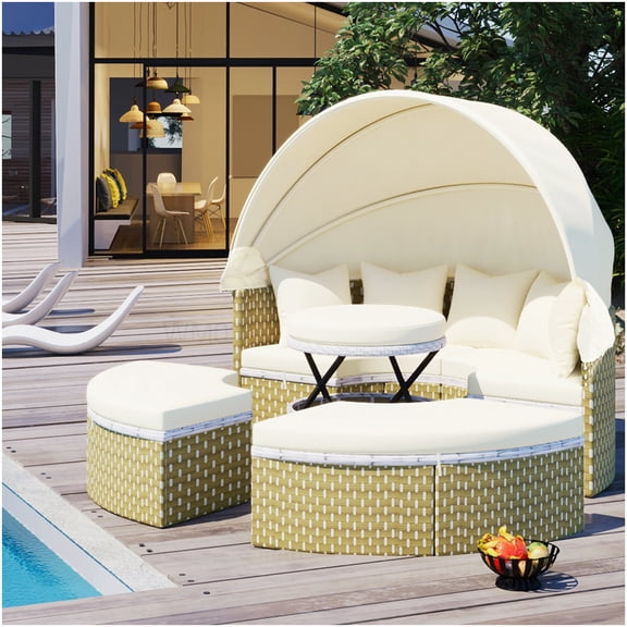 All-Weather Outdoor Round Sectional Daybed Sofa Set with Canopy, PE Rattan Convertible Sunbed with Ottoman and Table, Beige