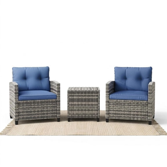 All-Weather PE Rattan 3-Piece Patio Conversation Set, Outdoor Wicker Furniture with Washable Blue Cushions and Tempered Glass Side Table for Garden Balcony Poolside Terrace - Blue