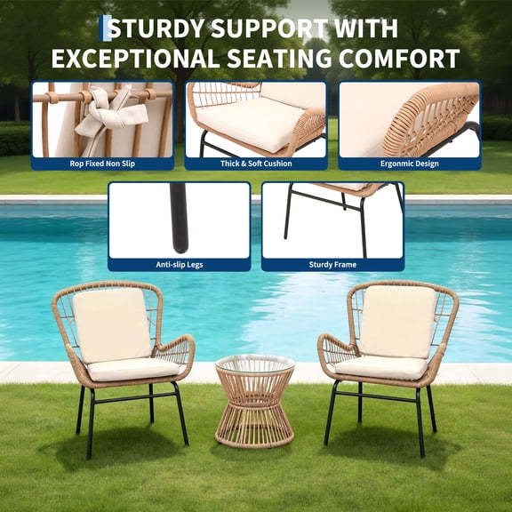 All-Weather PE Rattan Patio Bistro Set – 3 Piece Outdoor Garden Chair Set with 2 Widened Cushioned Chairs & Tempered Glass Table – Perfect for Backyard, Porch, Poolside, Balcony – Beige