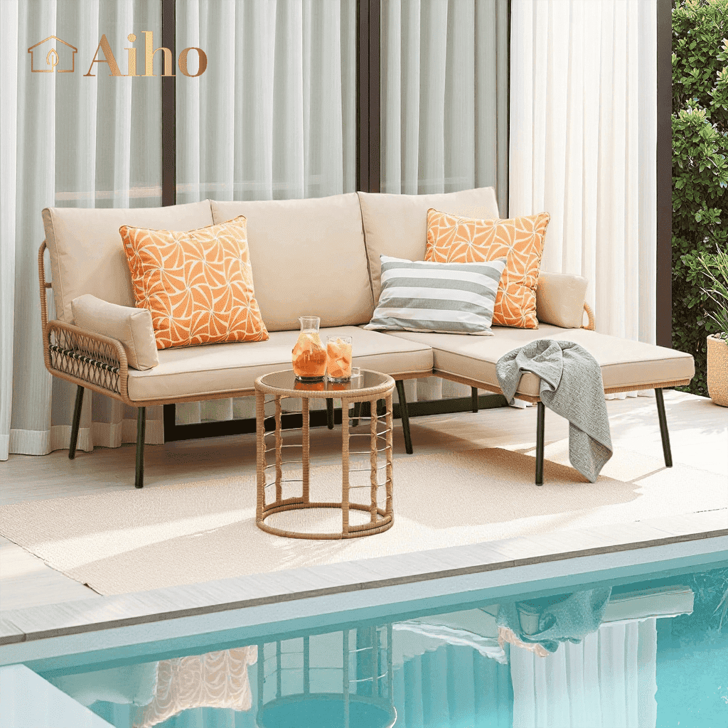 Aiho 3 Pieces Outdoor Patio Furniture Set, All weather PE Wicker L-shaped Outdoor Sectional Sofa with Tea Table & Soft Cushions, Perfect for Patio, Poolside, Beige