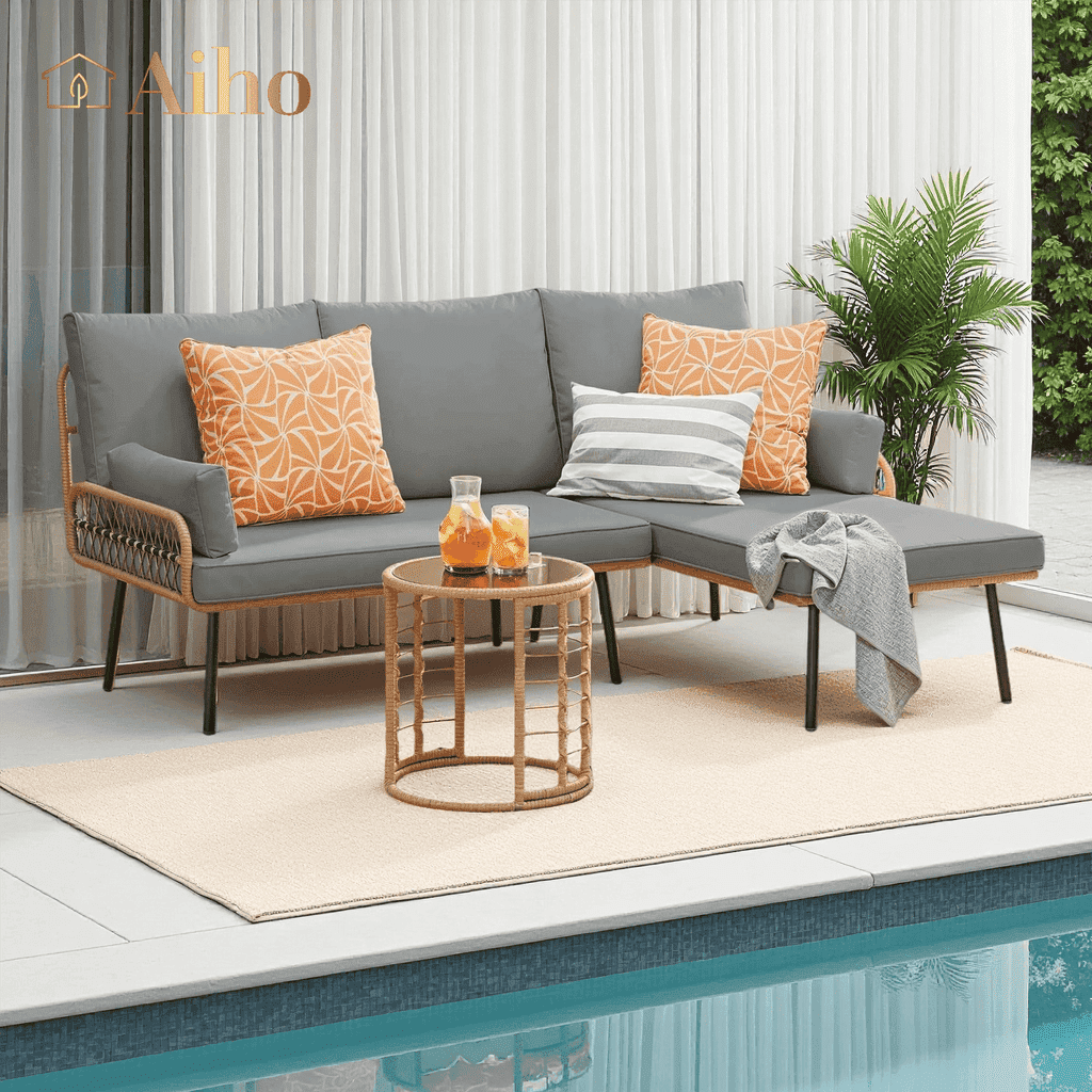 Aiho 3 Pieces Outdoor Patio Furniture Set, All weather PE Wicker L-shaped Outdoor Sectional Sofa with Tea Table & Soft Cushions, Perfect for Patio, Poolside, Gray