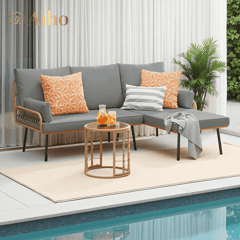 Aiho 3 Pieces Outdoor Patio Furniture Set, All weather PE Wicker L