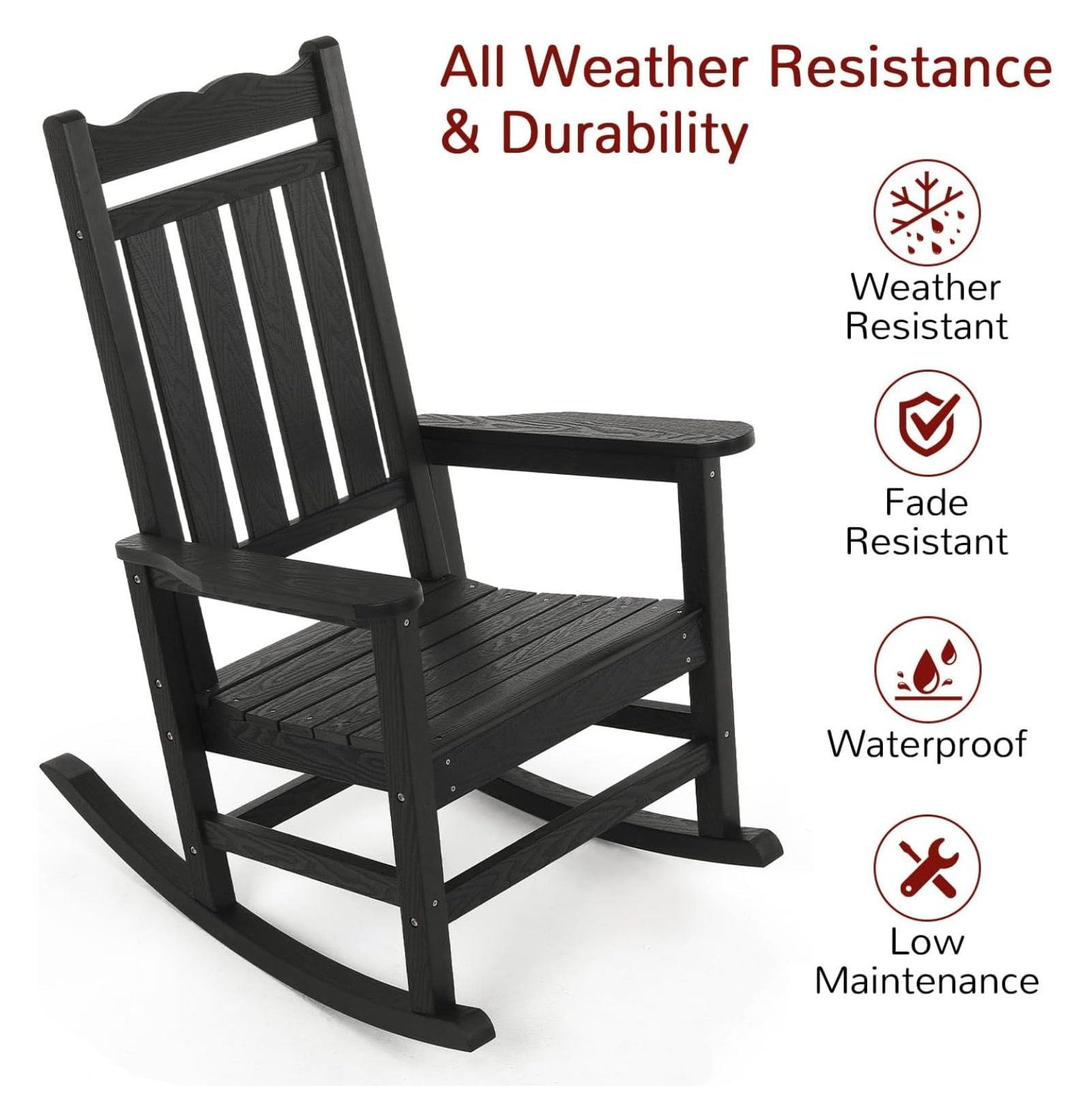 Black High Back All-Weather Rocking Chair with Arms