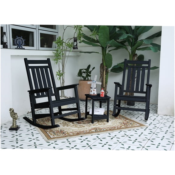 All-Weather Patio Rocking Chairs and Table Set, 3-Pc Black Wood Grain Plastic Outdoor Rocker Furniture for Deck