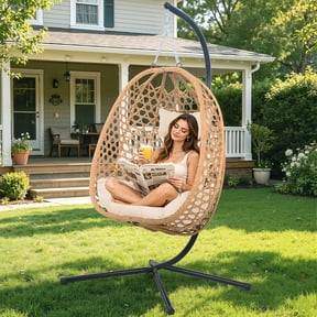 All-Weather Rattan Hanging Egg Chair with Stand & Cushions - Indoor/Outdoor Swing Chair for Patio Balcony Garden - Natural Wood