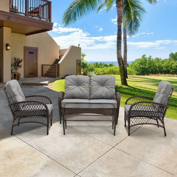 All-Weather Rattan Patio Furniture Set of 4, Outdoor Wicker Conversation Sets with Arm Chairs, Tempered Glass Table, Cushions, Sectional Sofa Set for Backyard Garden Poolside, K3001