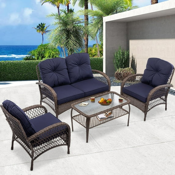 All-Weather Rattan Patio Furniture Set of 4, Outdoor Wicker Conversation Sets with Arm Chairs, Tempered Glass Table, Cushions, Sectional Sofa Set for Backyard Garden Poolside, K3007