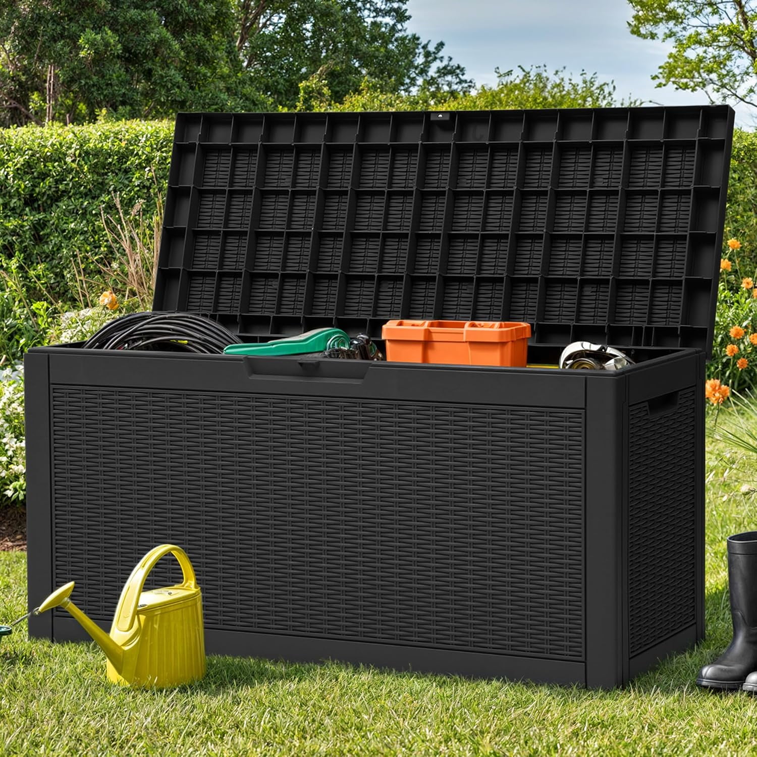All-Weather Resistant Exterior Rattan Storage Box 60 Gallon Resin Patio Organizer Box, Lockable Indoor Outdoor Storage for Supplies and Essentials, Black | Easy Assembly