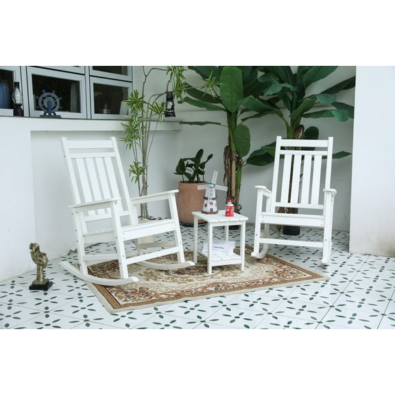 All-Weather Rocking Chair Set, Ergonomic Design 3-Piece Outdoor with Side Table (Includes 2 Rocking Chairs & 1 Table) White Wood-Texture Finish, Durable Weather-Resistant Materials