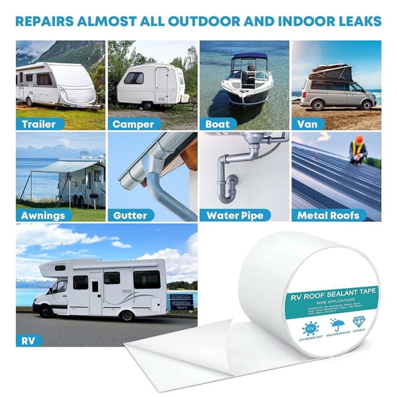 All Weather Roof Sealant Tape, Self-Adhesive Leak Repair for RV/Camper Roofs, Metal, Wood & Glass, Extreme Temp Flexible (-40°F to 140°F)