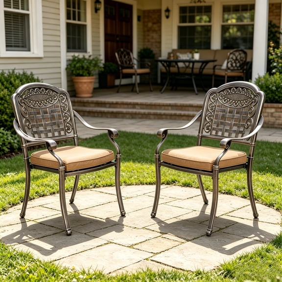 All-Weather Cast Aluminum Chair with Soft Cushion, Elegant Exquisite Pattern Design, High-Density Cushioned Seating, With Adjustable Feet (2PCS Grid Chair)