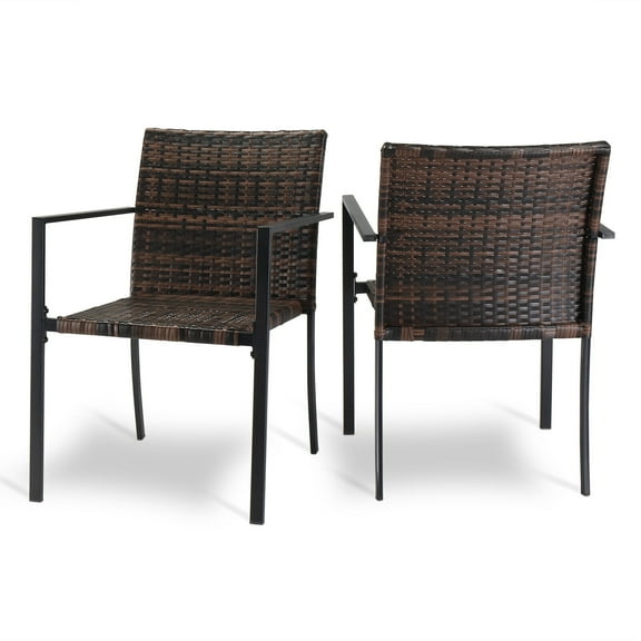 All-Weather Set of 2 Stackable Outdoor Wicker Patio Dining Chairs with Armrests