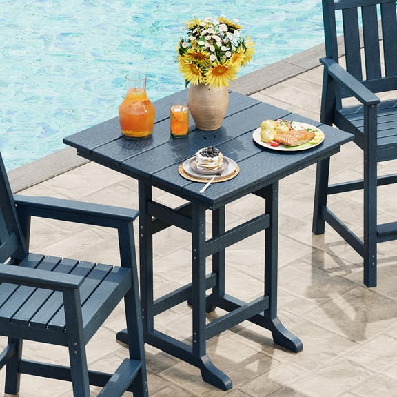 All-Weather Square Outdoor Bar Height Table Umbrella Hole, High Top Bistro Table
