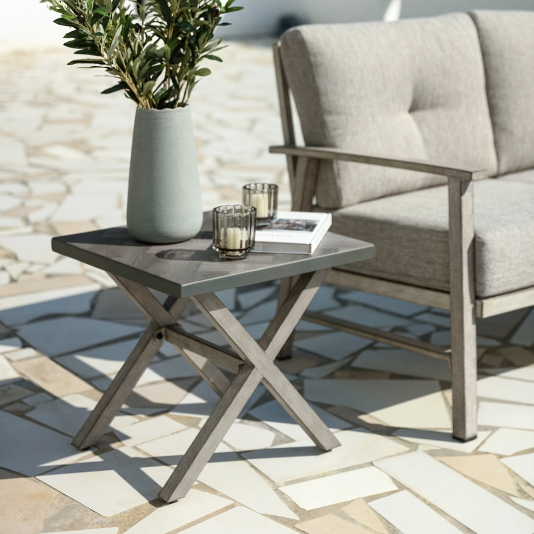 All-Weather Square Outdoor Side Table with Resin Tabletop, Small Patio End Table for Porch, Deck & Garden, Gray Oak