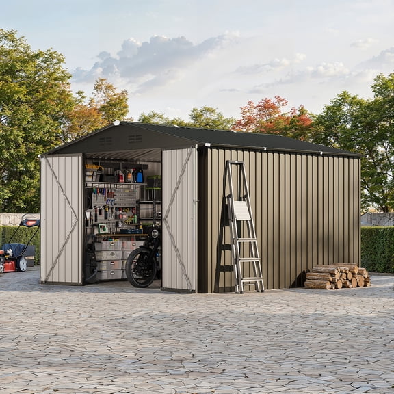 All-Weather Steel Outdoor Storage Storage Outdoor Storage Unit, 10x10 ft Metal Garden Tool Storage Outdoor Storage Unit - Gable Roof - Lockable Single Door - Backyard Patio Supplies & Bike Storage