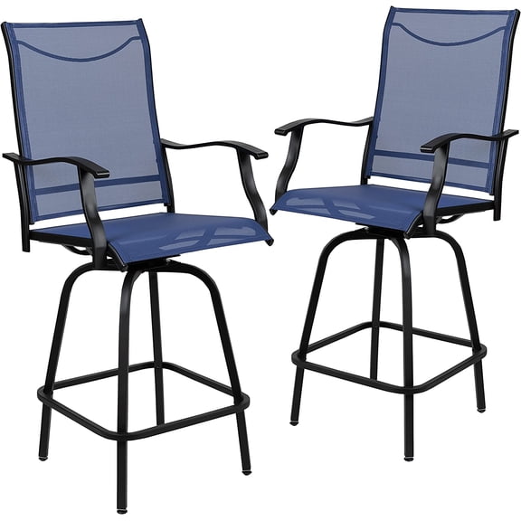 All-Weather Swivel Patio Barstools with Footrest and Armrests, Modern Sling Outdoor Bar Height Stools, Set of 2, Navy