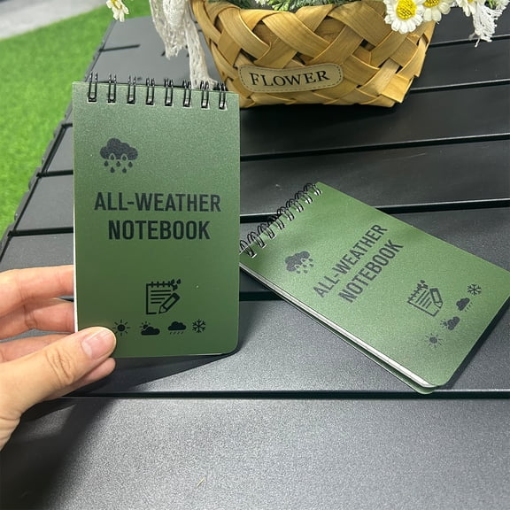 All-Weather Waterproof Pocket Notebook, Stone Paper Spiral-Bound Field Journal for Rain & Outdoor Use, Matte Green Cover with Weather Icons, Compact Travel Size Memo Pad (1 Count)