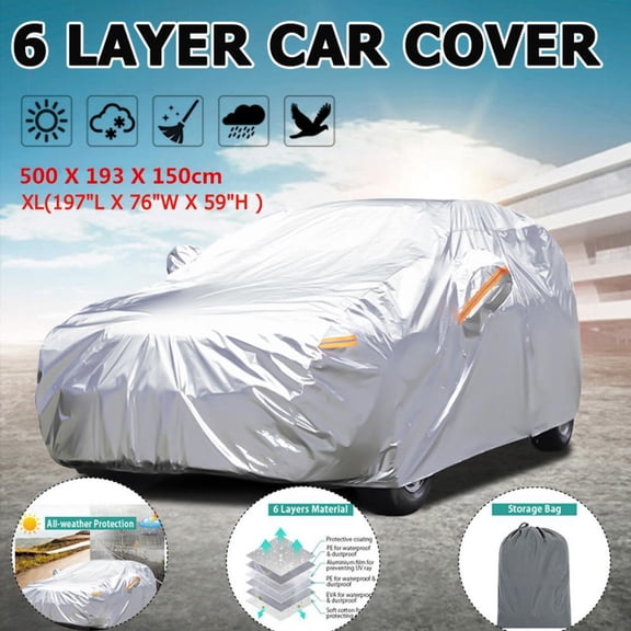 All-Weather Waterproof SUV Car Cover Size XL, 6-Layer Thick Silver Outdoor Cover with Cotton Lining, Sunproof Windproof Dustproof for Cars, Reflective Strips & Bag,197"x 76"x 59"