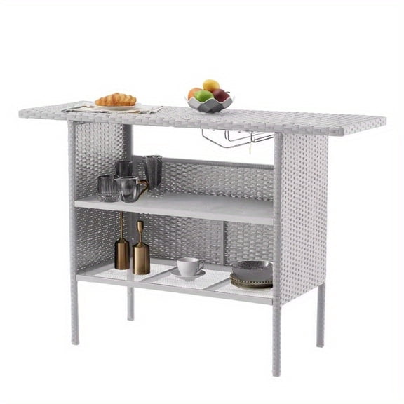 All-Weather Wicker & Metal Outdoor Bar Table, 2-Tier Shelf & Storage Cabinet for Poolside, Backyard, Deck, Multi-Functional Patio Console Table (Gray)