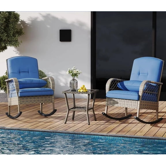 All-Weather Wicker Rocking Chair with Soft Cushion, Rattan Patio Rocker with Sturdy Steel Frame, Ideal for Balcony, Garden, Poolside and Conservatory Use, Beige