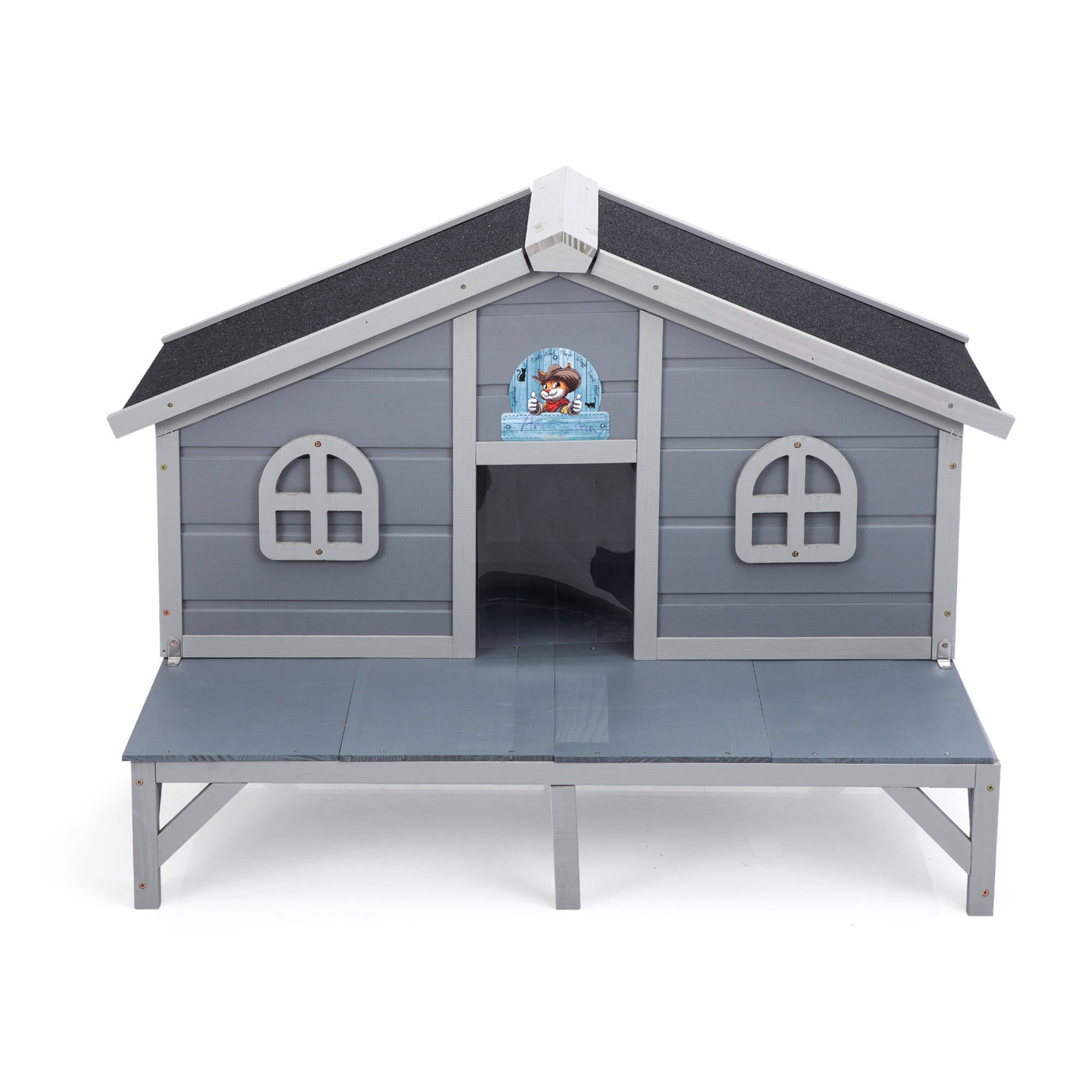 All Weather Wooden Cat House, Indoor Outdoor Cat Enclosure with Play Pen, Cozy Fringe Curtains, Lockable Doors for Kittens and Large Cats, Gray